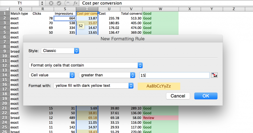 Google Adwords Search Query Data Conditional Formatting For Values Higher Than Goals