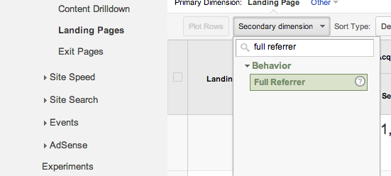 landing pages and full referrer as secondary dimension google analytics