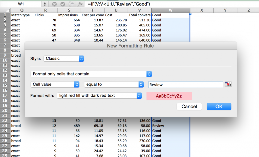 Google Adwords Search Query Data Conditional Formatting For Values WIth Negative ROI