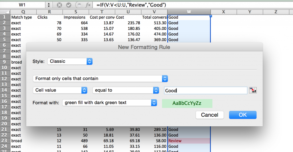 Google Adwords Search Query Data Conditional Formatting For Values With Positive ROI