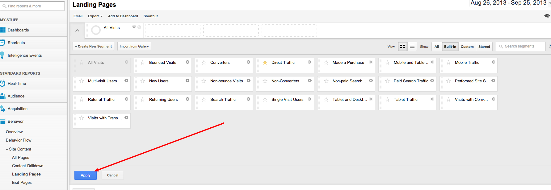 Google Analytics Advanced Segments Apply Button