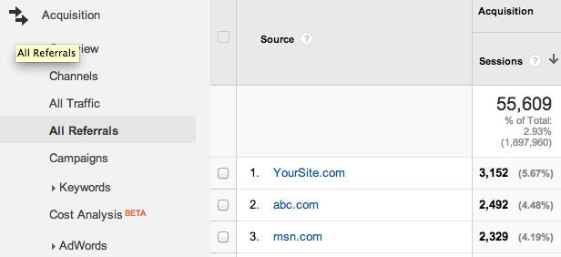 Self Referrals Google Analytics Example