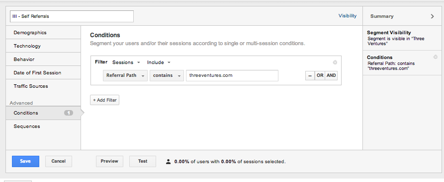 Three Ventures Advanced Self-Referral Segement Google Analytics