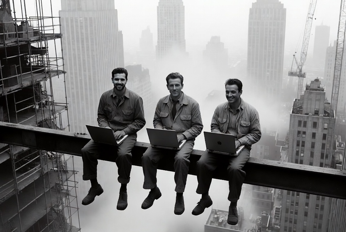 Three man on construction site with laptops