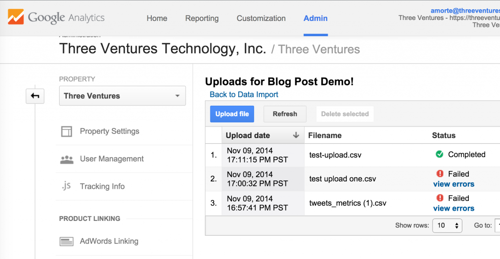 Example of cost data upload Google Analytics