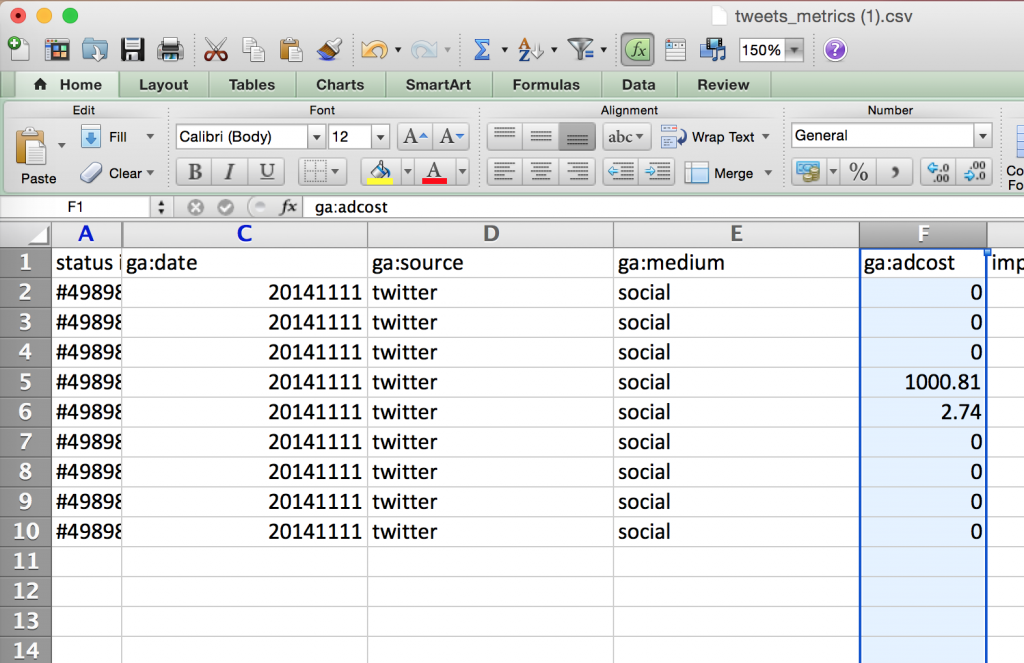 Formatting Cost Data Source and Medium Google Analytics