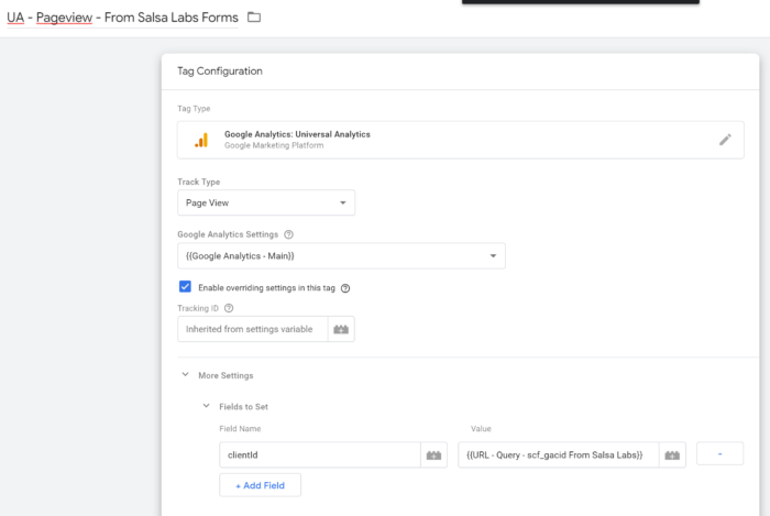 google tag manager tag for salsalabs cross domain google analytics