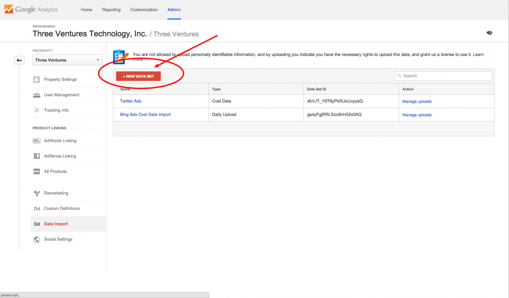 New Data Set Google Analytics Data Import