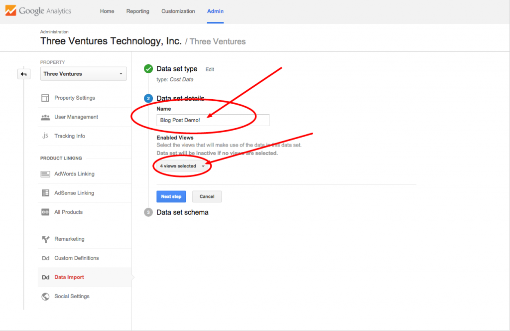 Select Data Set Name Google Analytics